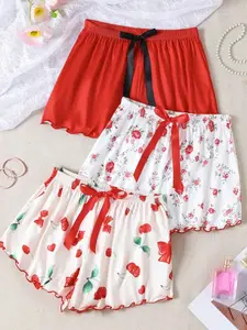 Women's Floral Cherry Pure Home Shorts, Elastic Waist, Above Knee, Cute Slim-Fit, Multi-Color Set, Bow Design, Comfortable Lounge Wear