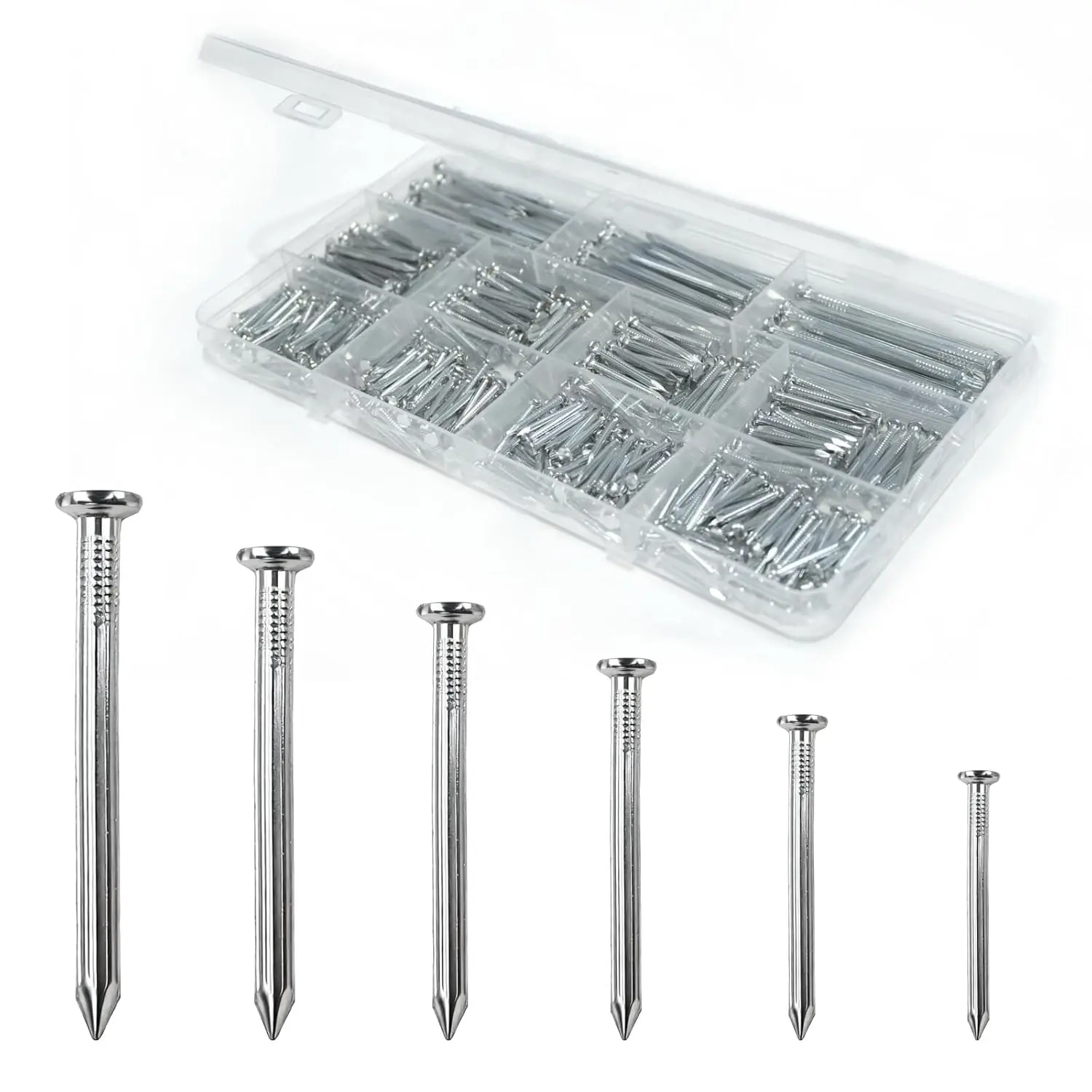 395 PC Brick Steel Nails Assortment Kit, Maximum Length 2.36 Inches, Galvanized, Masonry, Wood Nails, Clavos para Concreto - Durable Galvanized Steel Nail 6 Size Assortment
