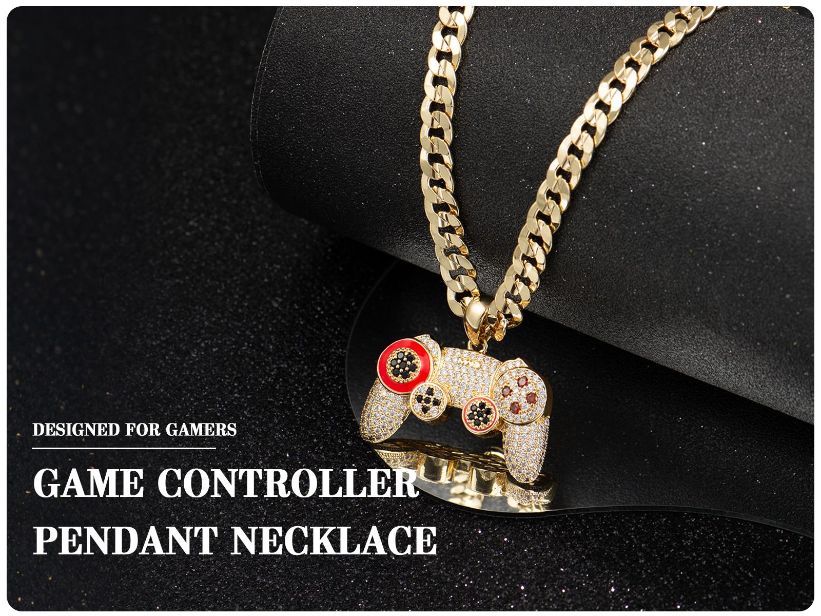 14K Real Gold-Plated Game Controller Necklace, Sony-Inspired CZ Diamond Pendant, 24" Rope &  Cuban Chain, Hip Hop Jewelry Gift for PlayStation Fans