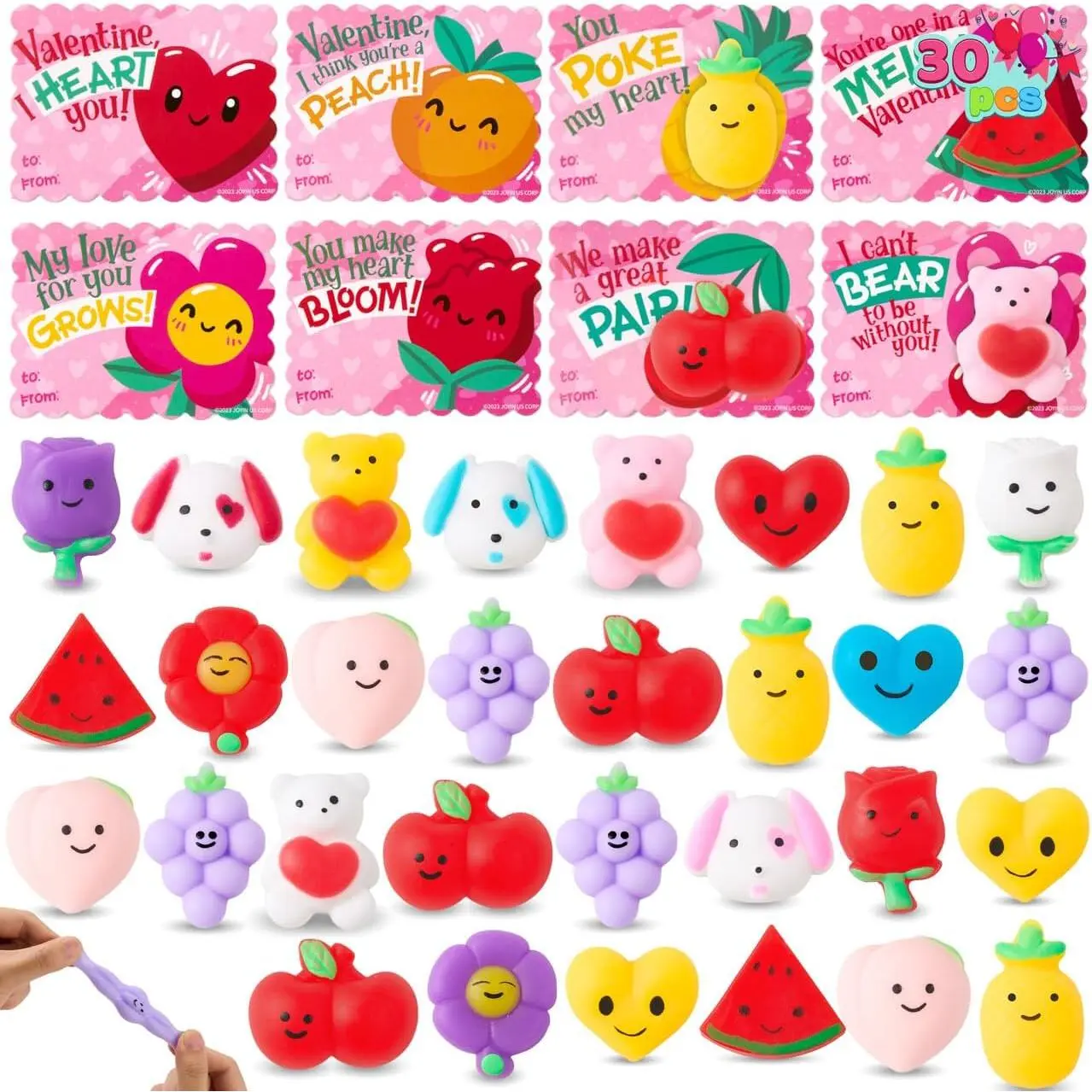 30 Packs Valentine’s Day Gift Cards with Fruit Mochi Squishy Toys, Stress Relief Fidget Toys, Cartoon Squeeze Toy for Kids Valentine's Party Favors, Classroom School Exchange and Game Prize
