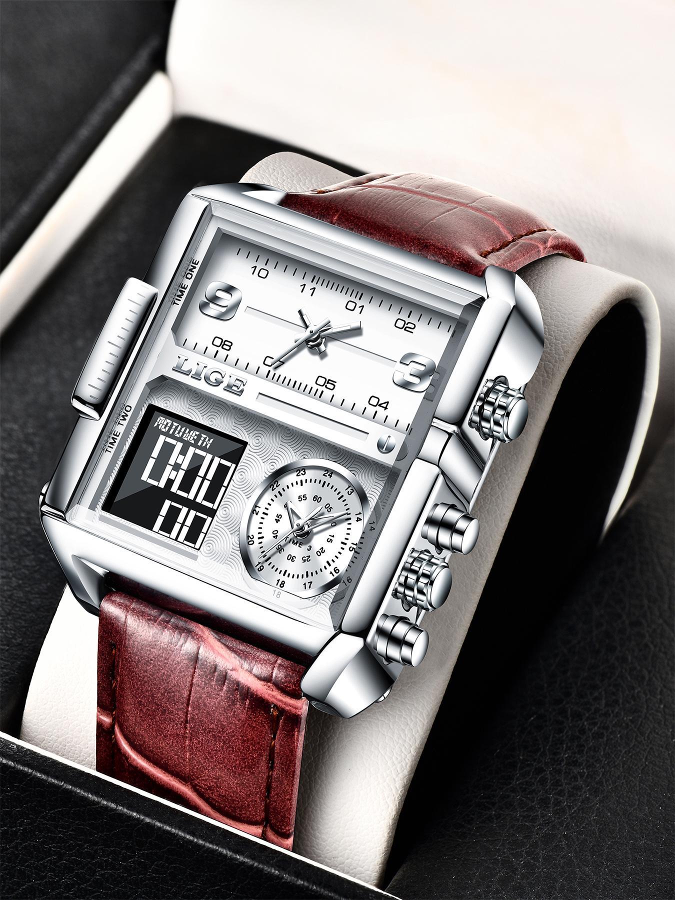 Men's Square Design Multifunctional Digital Quartz Watch, Modern Fashionable Wristwatch, Square Dial Wristwatch, Fashion Waterproof Watch for Party, Daily Decor, Trendy All-match & Exquisite Watch for Birthday Gift with Box