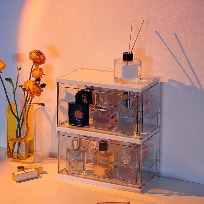 Stackable Perfume Storage Box, 1 Count Large Capacity Dustproof Acrylic Display Cabinet, Vanity Makeup Organizer, Cosmetic Desktop Dustproof Storage Box for Home Bathroom Hotel Salon, Multilayer Storage, Cosmetics Organizer Storage