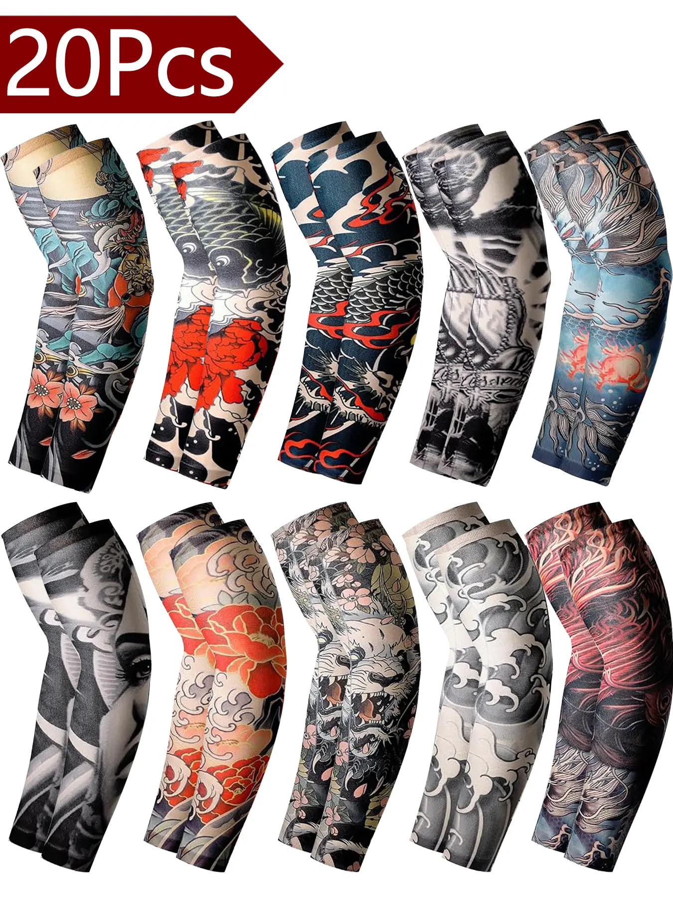 20Pcs Men's Arm Sleeves, Temporary Tattoo Sleeves, Long Finger Sleeveless Cooling Arm Guards, Anti-Slip Breathable, Ideal for Outdoor Cycling, Fishing