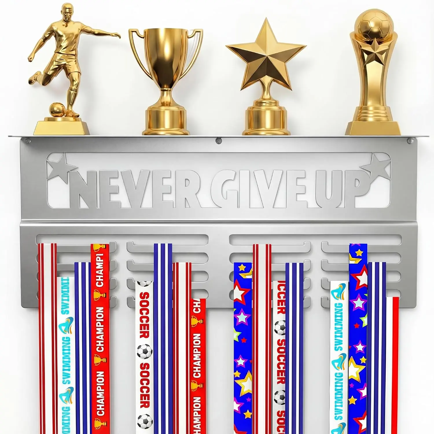 Medal Hanger Display with Trophy Shelf - Metal Awards Rack for Walls Holds 64+  Medals- Our Never Give Up 16" Medal Holder Awards Trophy Display