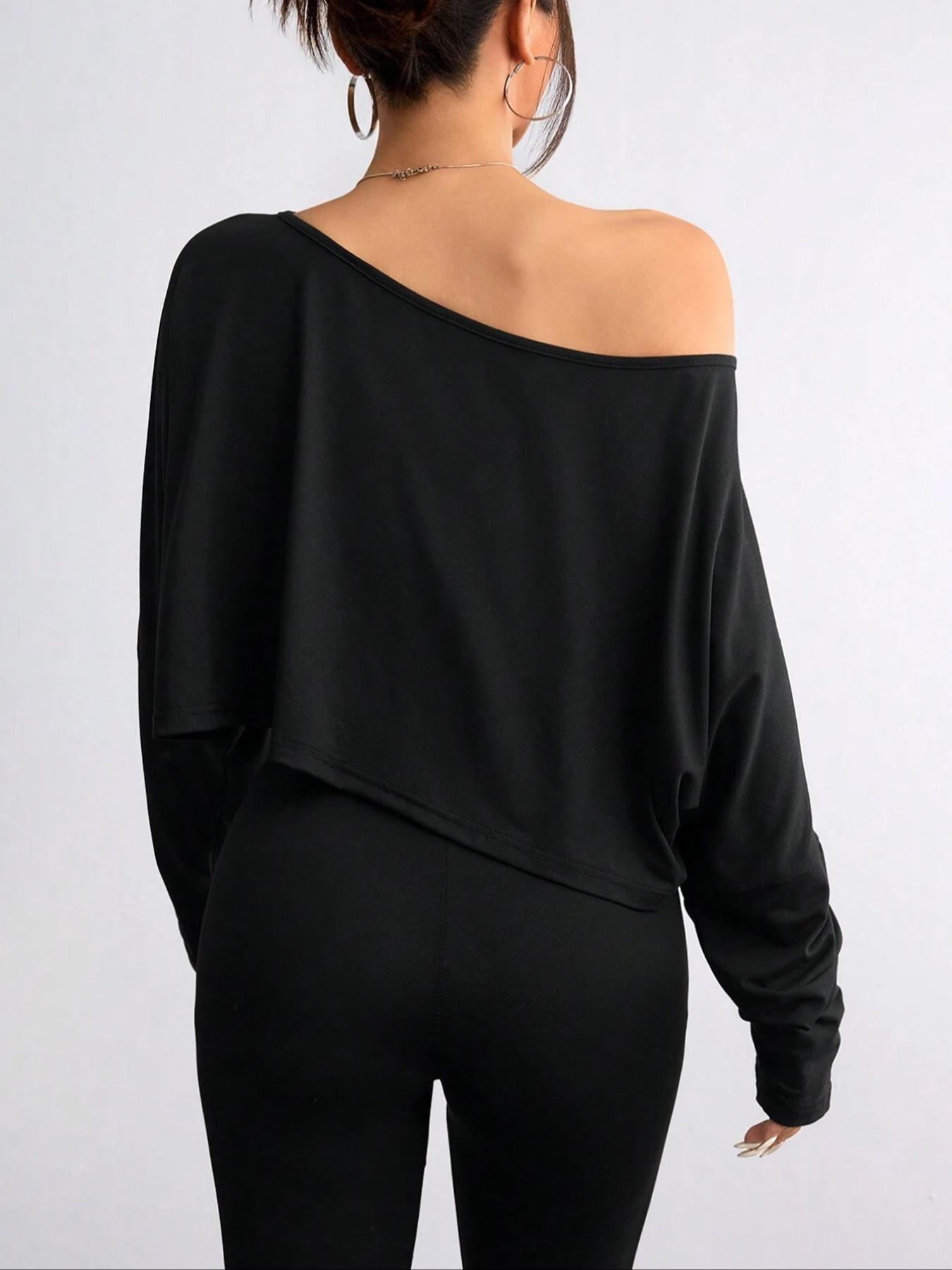 Women's Fall Fashion Loose Fit Asymmetric Neck Batwing Sleeve T-shirt, Perfect for Gym Home Or Daily Wear, Casual Chic Minimalist Comfortable and Stylish Women's Top, Casual Classy Top
