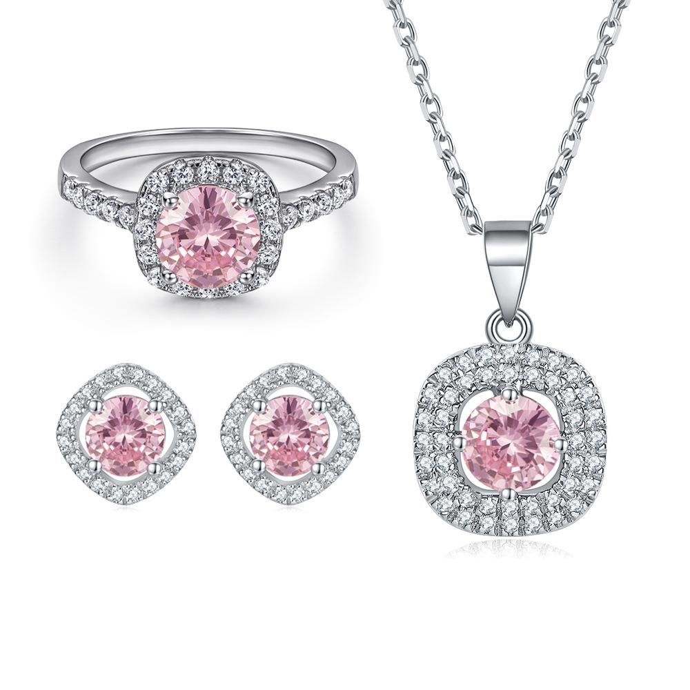 Exquisite artificial gemstone set: s925 sterling silver zircon ruby earrings, aquamarine necklace, pink diamond ring, three-piece jewelry set.Suitable for parties and dances, holiday gifts, and gifts for couples