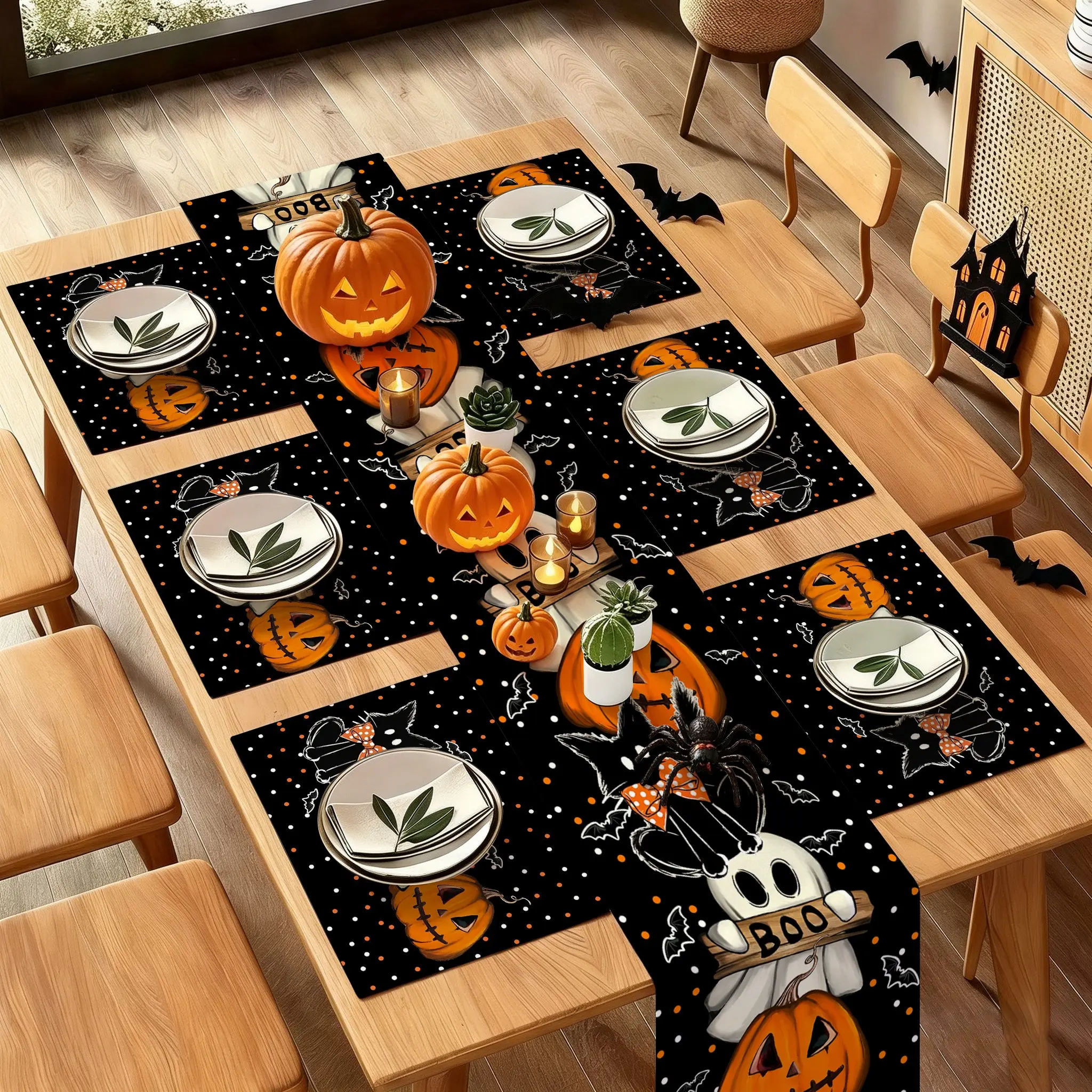 Halloween Table Runner and Placemat Set, Ghost Pumpkin Bat Design, Durable, Perfect for Festive Gatherings, Kitchen, Dining Room, Home Use