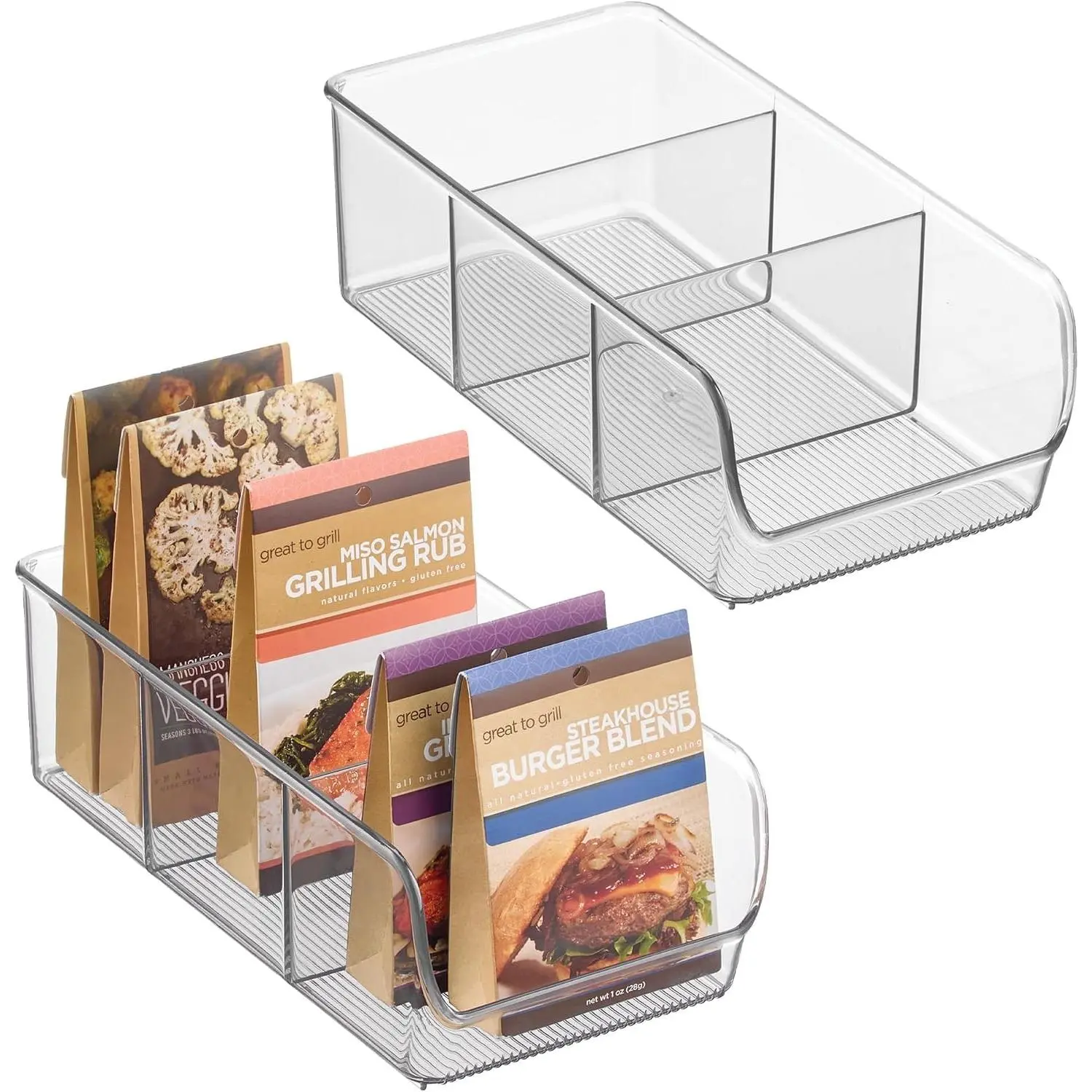 Stackable 3-Section Divided Storage Bin for Pantry, Fridge, or Cabinet - Set of 2 - Clear