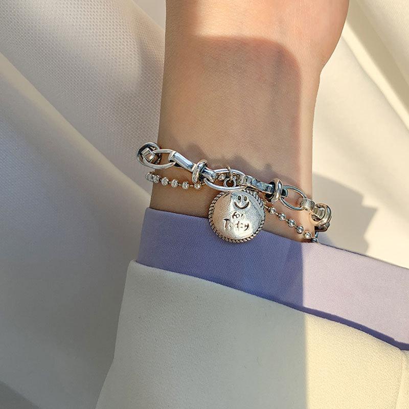 Double-layered Chain Bracelet For Women Smiley Face Round Cards Pendant Party Jewelry