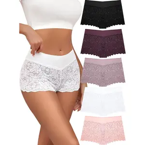 Lace Boyshort Sexy Underwear Womens Panties Cheeky Plus Size Lingerie Stretch Cotton Waistband S-3XL 5 Pack