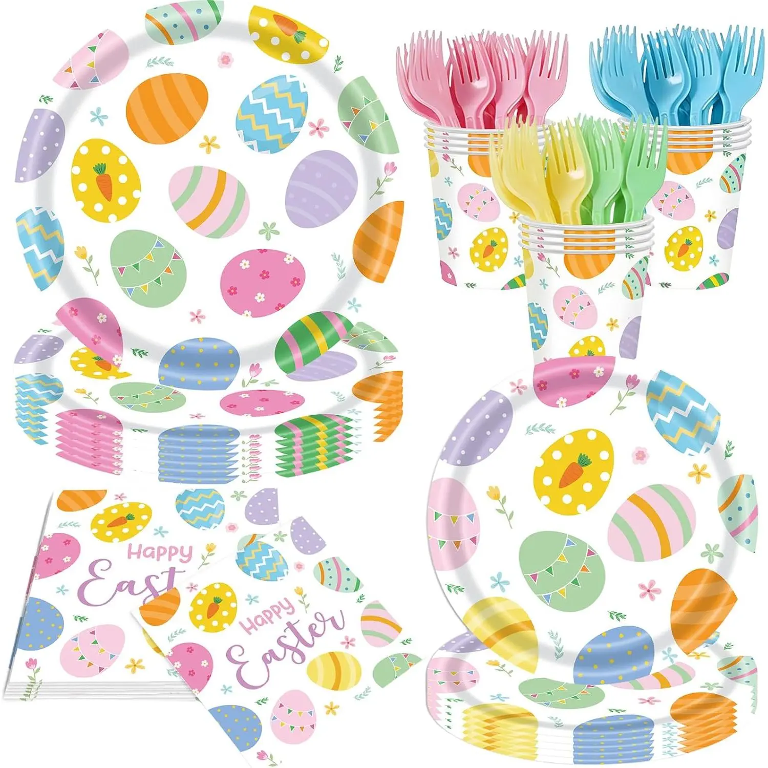 Easter Birthday Party Supplies Set - 120- Easter Paper Plates and Napkins Forks Tableware Set,Disposable Tableware Kit with Bunny & Egg Designs,  for  & Adults Spring Celebrations