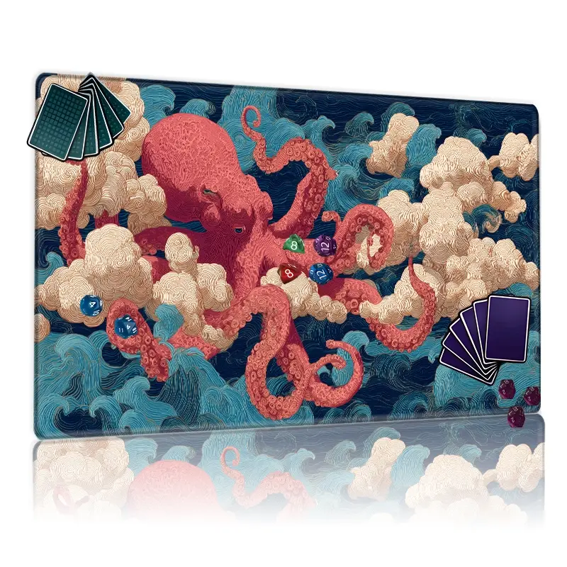 Vibrant Red Octopus Ocean Waves MTG Playmat - 12x24in Non-Slip, TCG Compatible, Ideal for Card Game Enthusiasts Family Gatherings & Gift