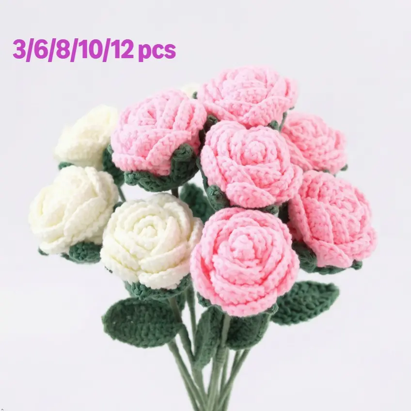 Handmade Crochet Rose Bouquet (3/6/8/10/12 pcs) | Hand-Knitted Roses for Spring Decor, Wedding Bridal Bouquet | Home Party Outdoor Decor & Gift for Lovers, Friends, Family,Valentine's Day Mother's Day Father's Day & Holidays