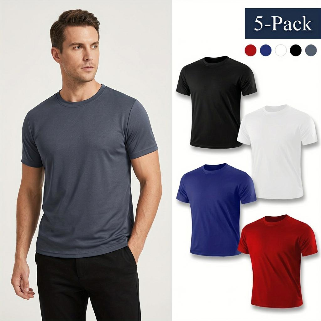 Men's 5-Pack Lightweight Athletic T-Shirts - Quick Dry Breathable Performance Gym Workout Running Tops - Sport Training Crewneck Tees Jogging, Sports Base Layer for Comfort & Mobility
