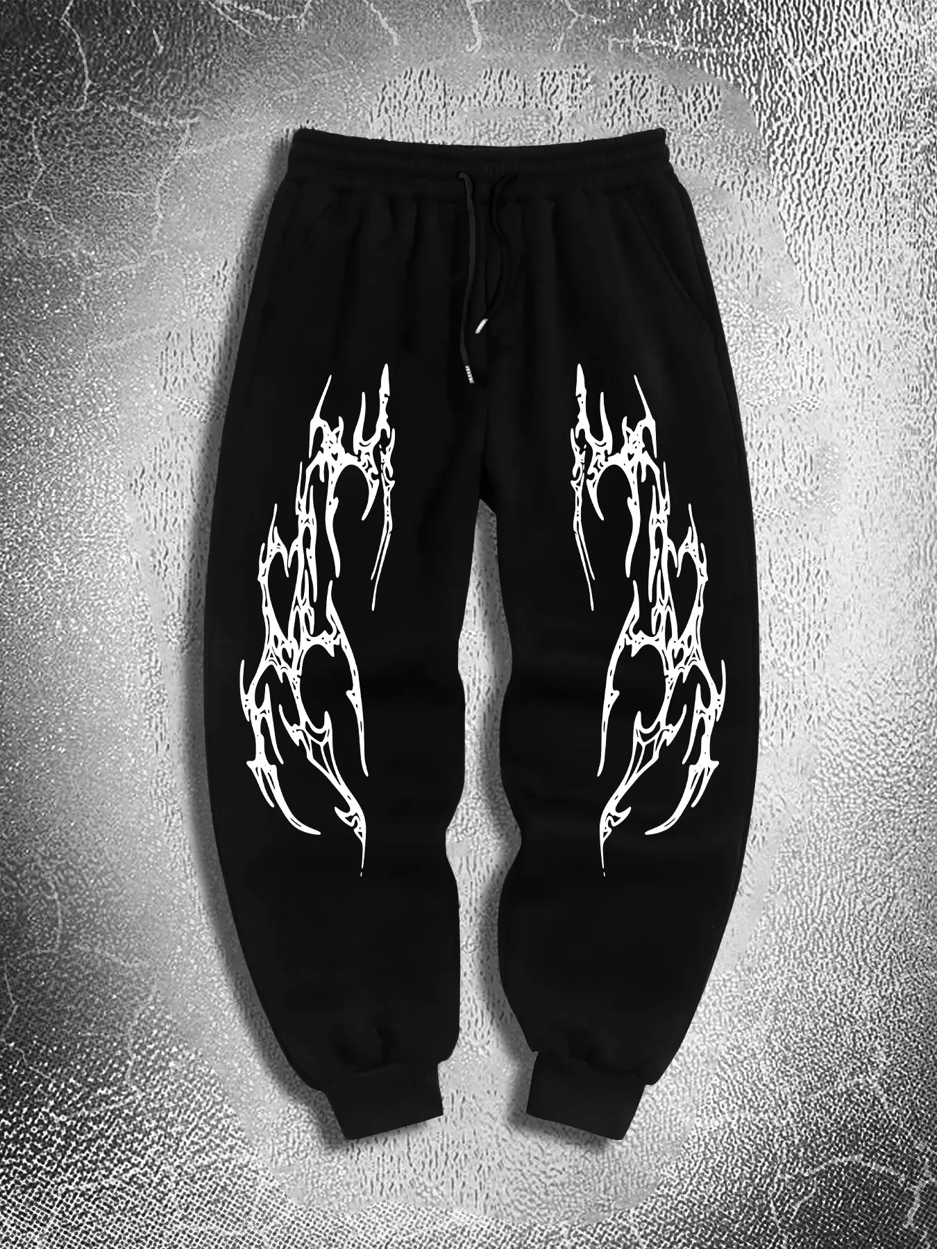 Black Cuffed Sweatpants with Symmetrical Gothic Thorn & Heart Print, Drawstring Waist Dark Streetwear Loose Jogger Pants