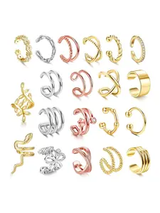 20 Pcs Vibrant Multi-Color Non-Piercing Copper Ear Cuff Set for Women Men Delicate Flower Snake Motifs Sparkling CZ Helix Cartilage Assorted Colorful Designs Single Stacked Ear Styling Comfy All-day Wear Ideal Daily Party Ear Accessory for Fashion Lovers