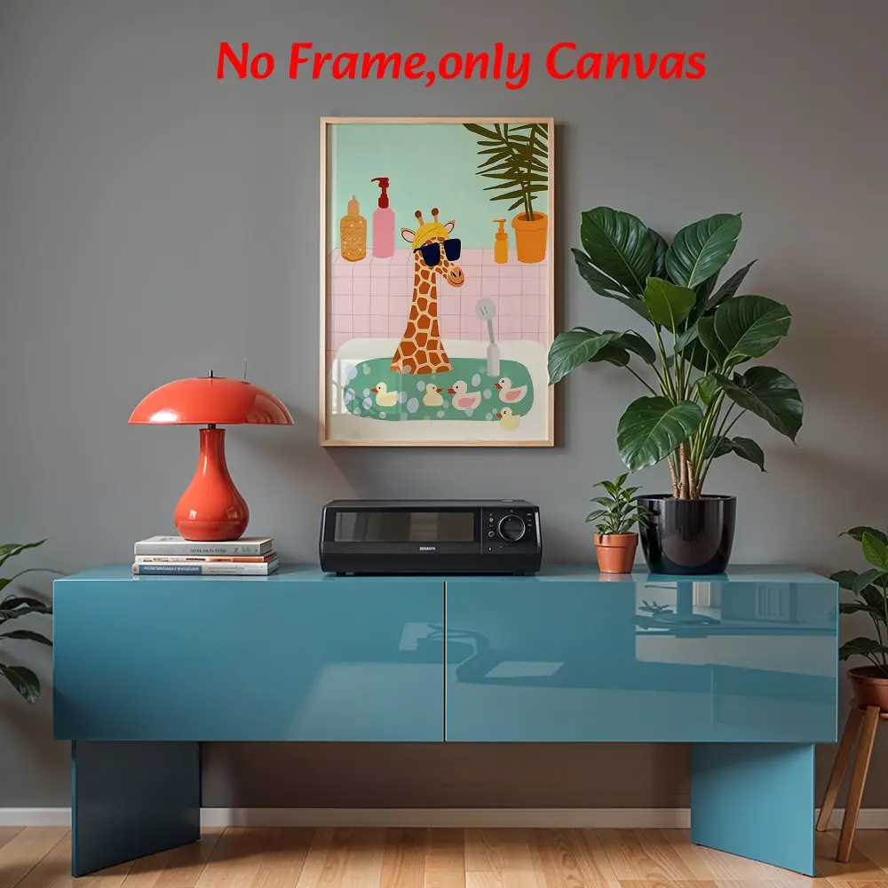 Cute Cartoon Giraffe Wall Art, Giraffe in Bathtub Poster, Sunglasses and Rubber Ducks Canvas Print, Bathroom Decor, Unframed Gift