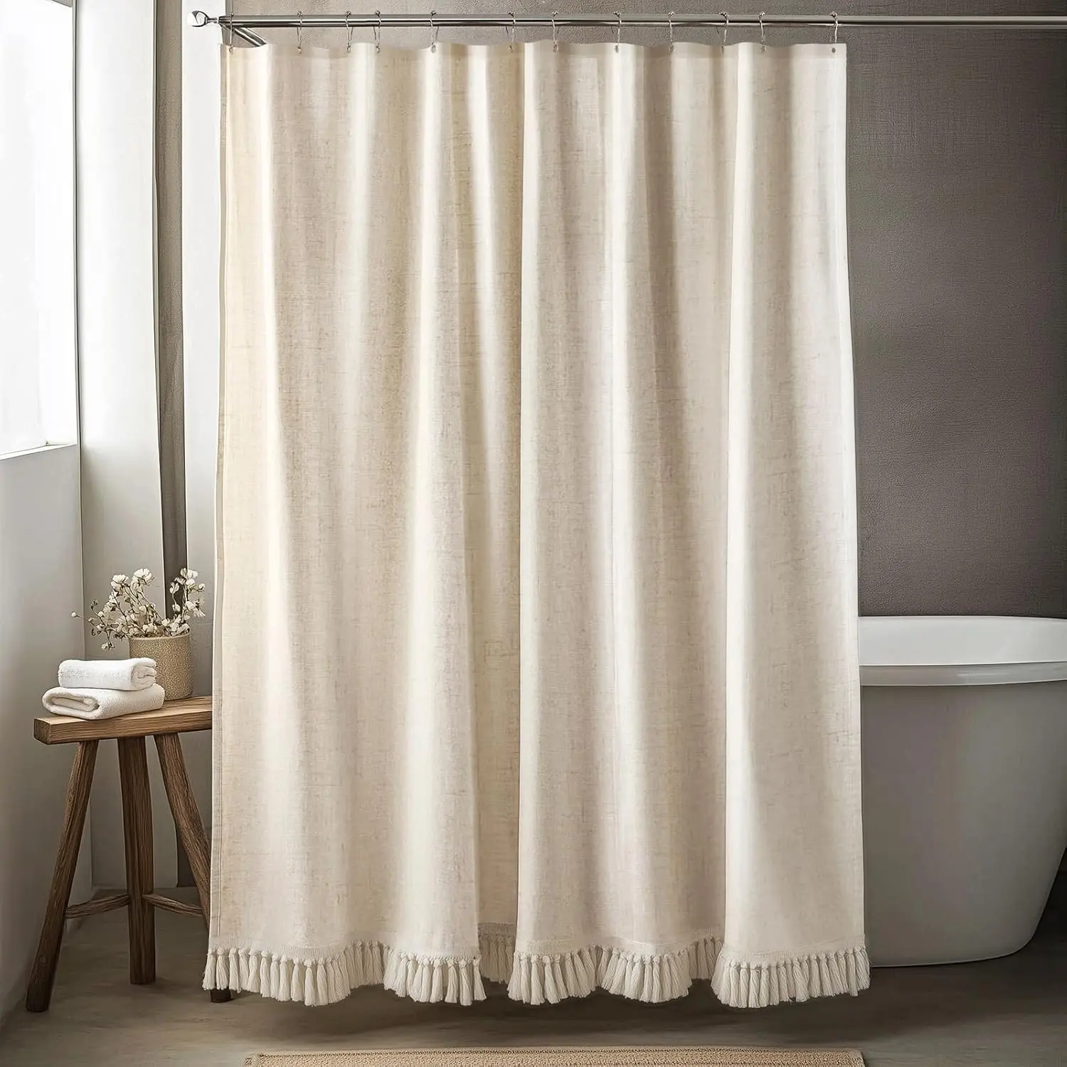 Linen Shower Curtain Boho Beige Shower Curtains for Bathroom Thick Fabric Shower Curtain with Tassels Neutral Shower Curtains Rustic Farmhouse Bath Decor 72 Inch