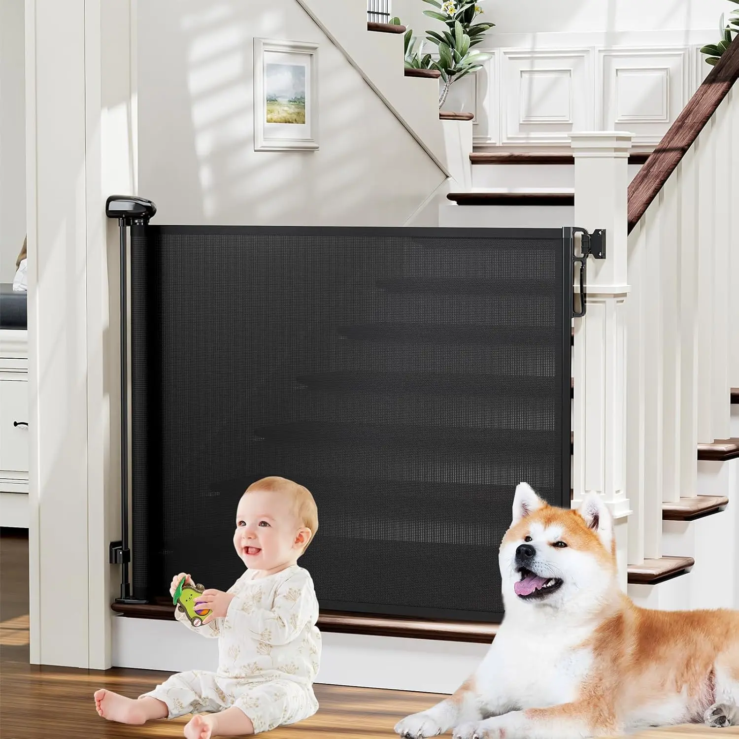 Retractable Baby Safety Gate - Adjustable Size Extendable Mesh Gate, 34" Tall Extends to 54" Wide, for Stairs, Doorways, Indoor-Outdoor Use, Black, Extendable Gate