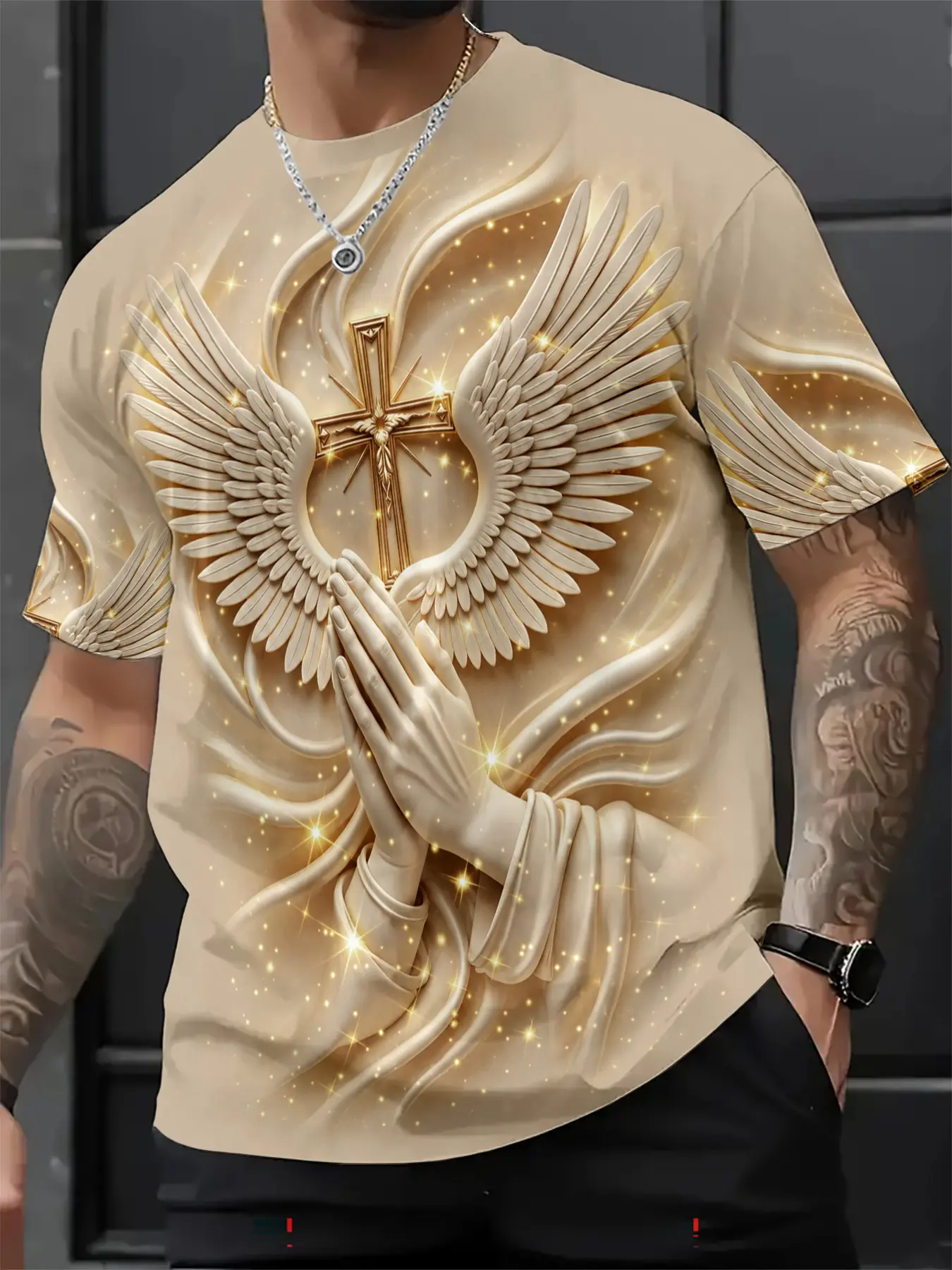 3D Embossed Prayer Hand Cross Angel Wings Men's Short Sleeve T-Shirt, Religious Round Neck Top, Soft Breathable, Casual Daily Wear