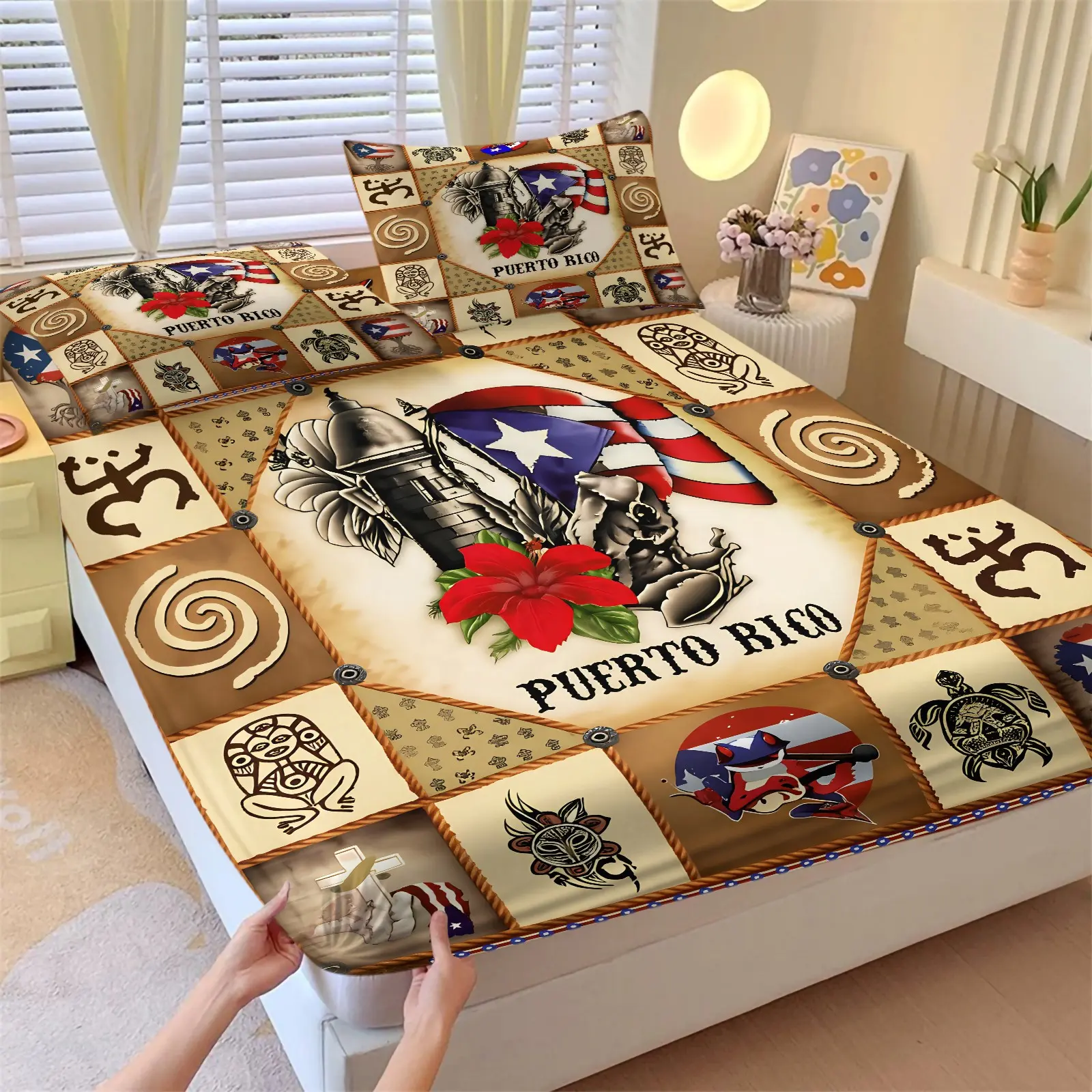 Puerto Rico Cultural Patchwork Fitted Sheet Set 3 Piece, 1 Fitted Sheet + 2 Pillowcases, Soft Microfiber Deep Pocket Design, Hispanic Cultural Bedroom Decoration, Gift for Puerto Rico Native Enthusiast