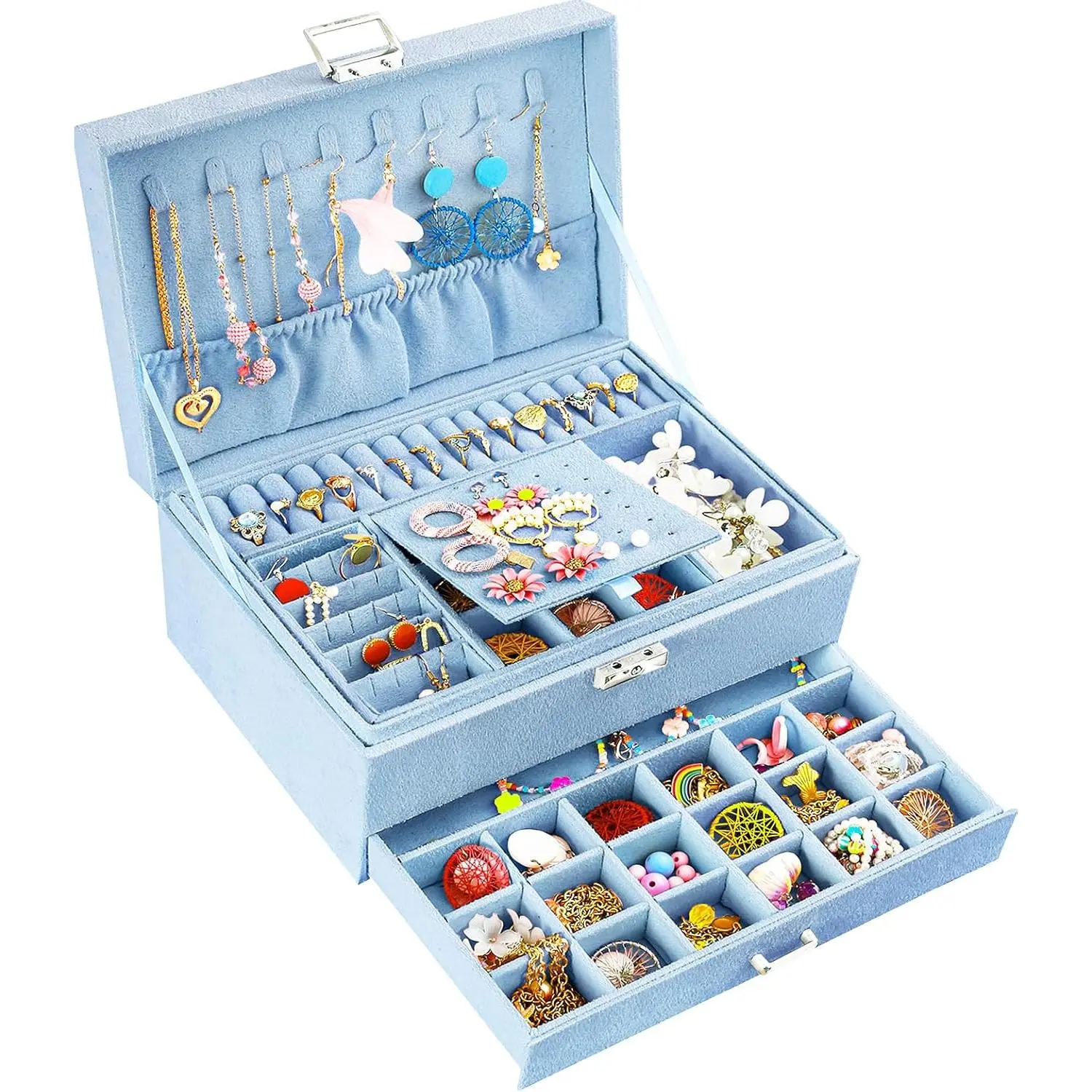 3-Layer  Box for Girls & Teens with Lock and Key, Large  Organizer with 8 Necklace Hooks & 56 Earring Holes, Blue   Storage Box for Necklaces Earrings Rings Bracelet