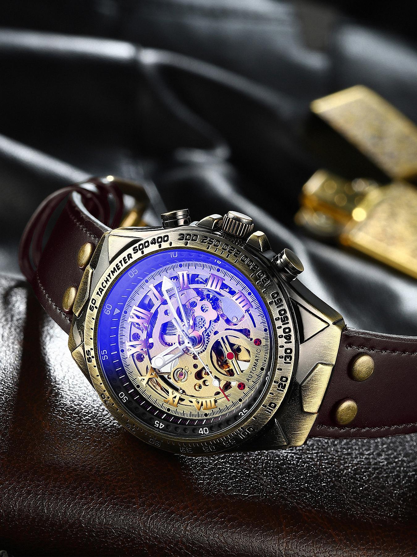 Men's Vintage Automatic Mechanical Watch, Fashionable Stylish Watch, Fashion Luminous Hands Watch for Party, Daily Clothing Decor, Watch for Birthday Gift with Box, Mechanical Style Watches detail 3