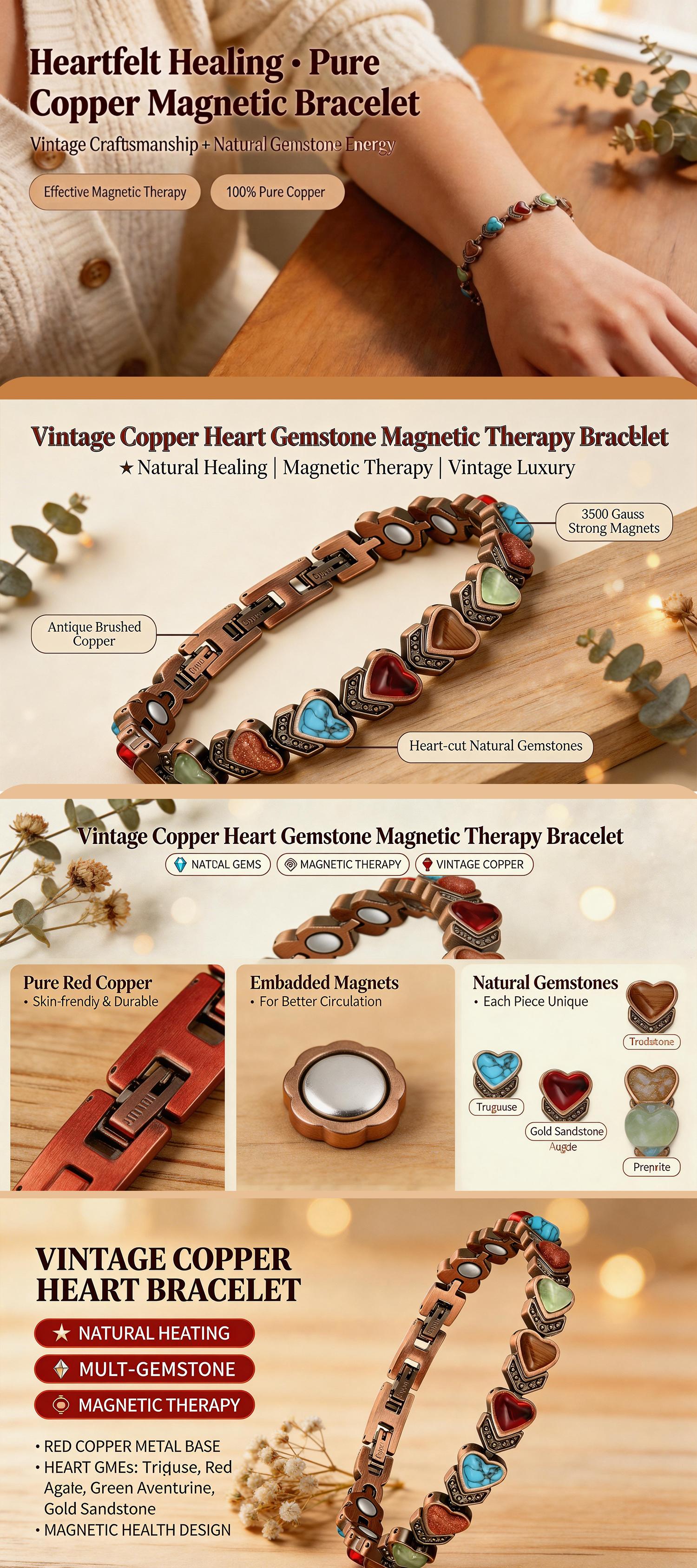 Copper Magnetic Bracelet for Women and Men, Pure Copper with Natural Unique Gemstone
