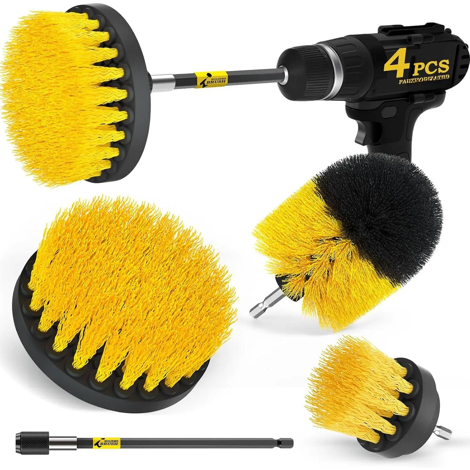 4 Pack Drill Brush Attachments Set,Power  for  &  | 4- set, 3 brush sizes, extension rod, Cleaning Supplies for Bathtub, Shower, Grout, Tile, nylon bristles, Yellow