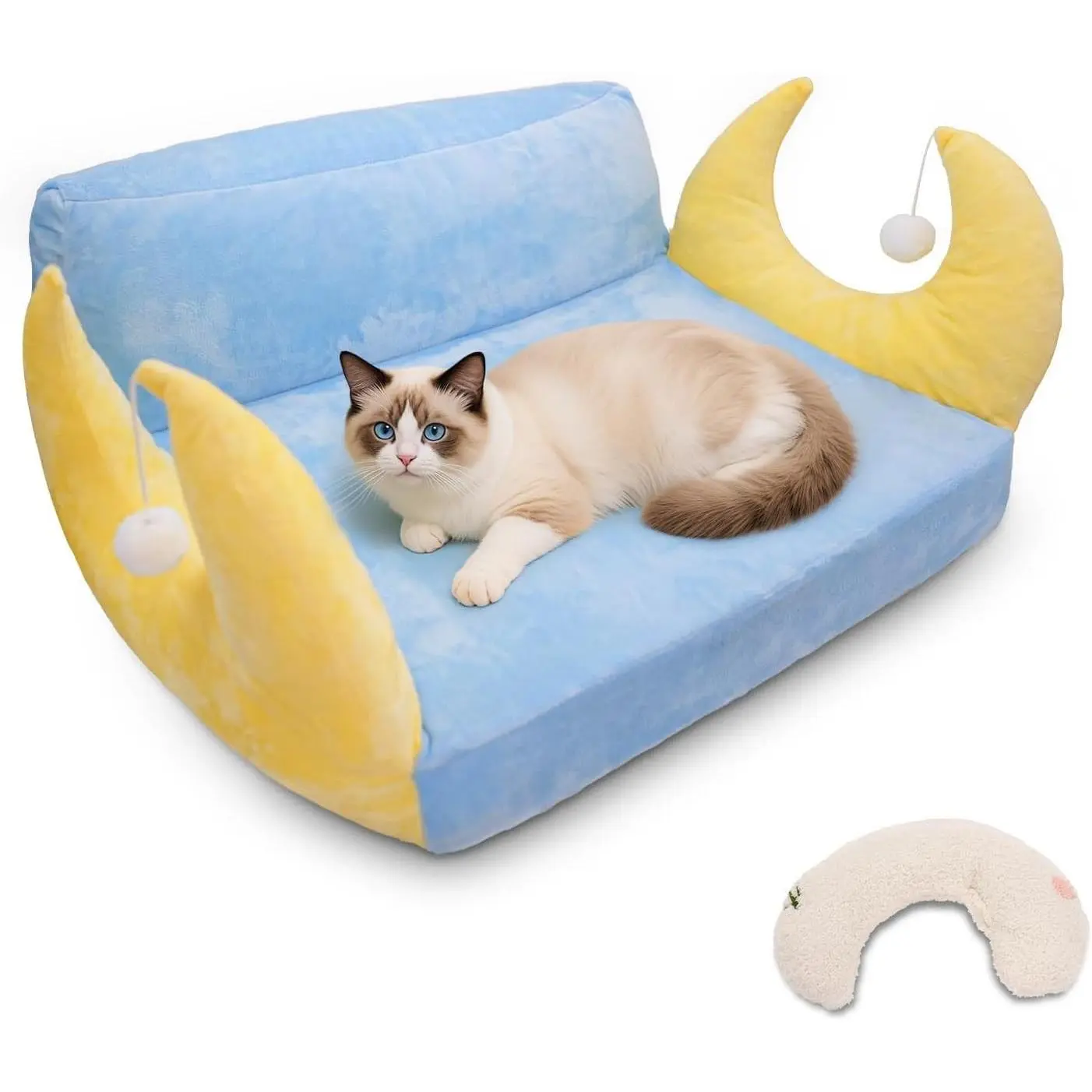 Cat Couch with Soft Pillow, Supportive Dog Couch, Cat Sofa with Removable Cover，Cute Moon Shaped, 24 Inch