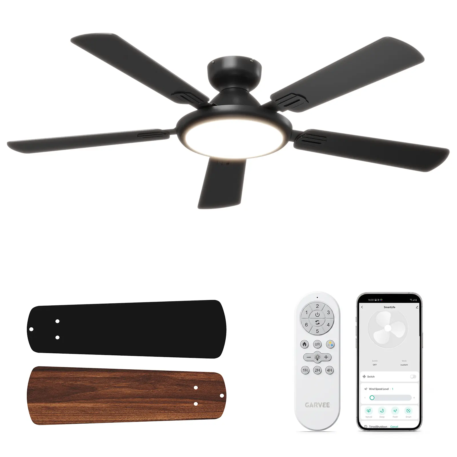 52 Inch White Flush Mount Ceiling Fan with Light App Control Wide Voltage Reversible Motor Five Blade Modern Ceiling Fan