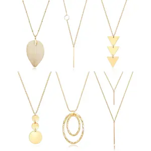 6 PCS Long Pendant Necklace for Women, Gold Bar Circle Leaf Triangle Tassel Y Necklace Set
