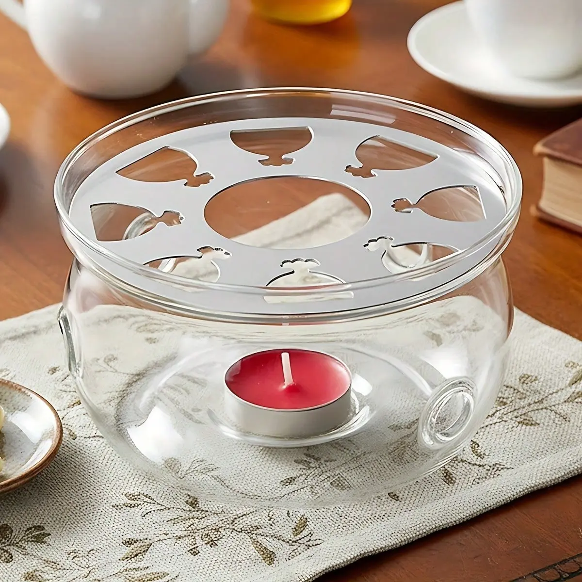 Universal Glass Teapot Warmer, 4.92 in Diameter, Heatproof Borosilicate Glass, Ideal for Blooming Tea, Coffee, Milk, Candle Not Included