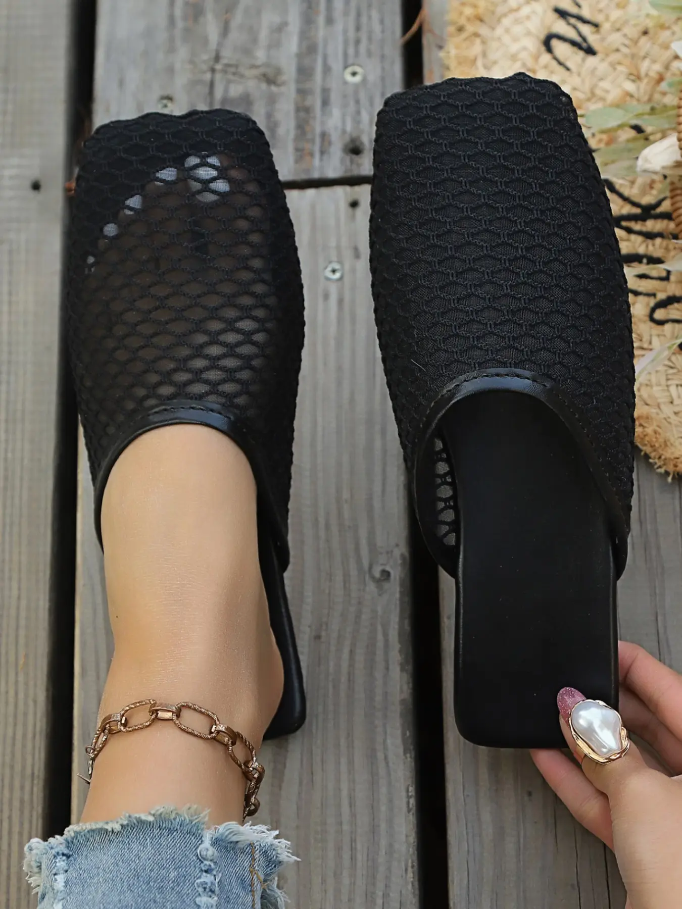 Women's Sparkling Rhinestone Mesh Material Square Toe Slip On Mules, Sweet Cool Punk Style Summer Outdoor Flat Sandals, Textile Upper Rubber Sole