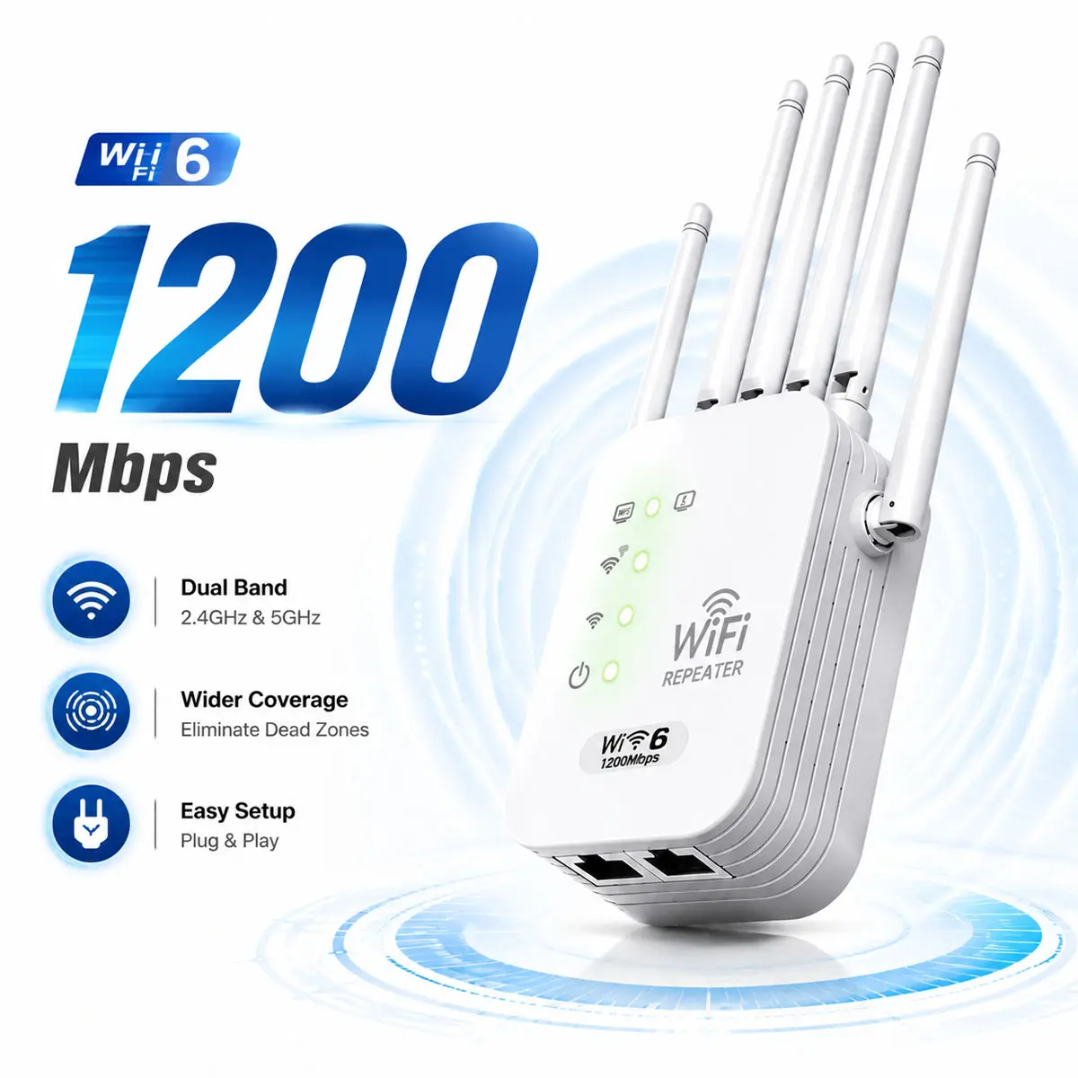 1200Mbps WiFi Extender with 6 Antennas, Dual Band WiFi Booster and Signal Amplifier (5GHz/2.4GHz), Stable WiFi Repeater with Gigabit Ethernet Port for Home Office, Gaming, Streaming and Smart Home