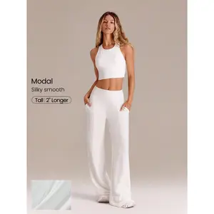 GLOWMODE 32" SoftCalm Modal Breathable Stretchy Tall Wide Leg High Waisted Non-See-Through Lounge Pants With Side Pockets Daily Casual Summer Wear