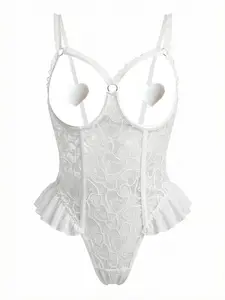 Christmas Sexy Lace Patchwork Mesh Cut-Out Thong Women's Jumpsuit with Steel Ring, 3 Piece Set, Perfect for Romantic Nights and Weddings  computer love bra cool girl outfits curvy