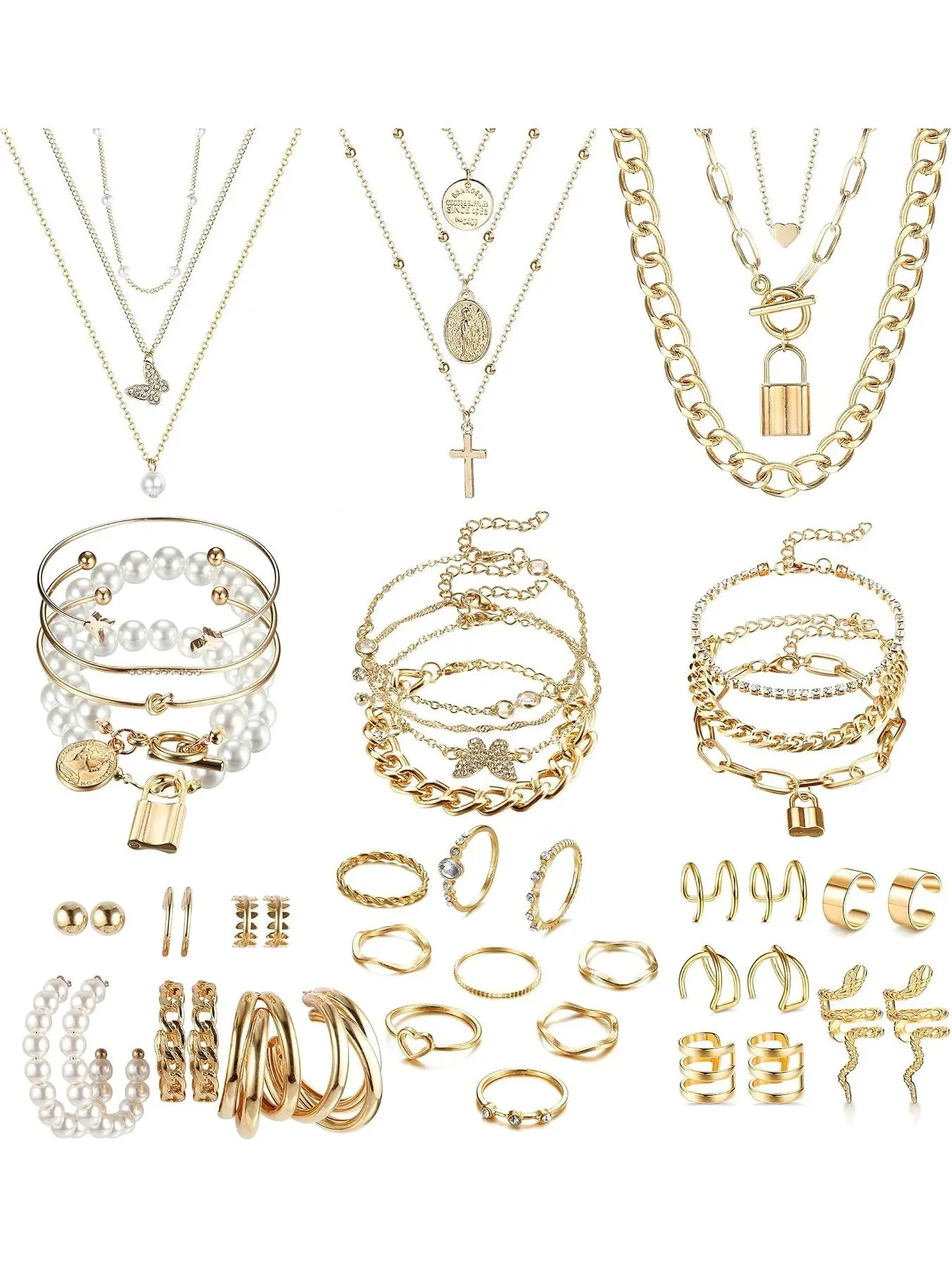 46Pcs Gold Plated Elegant Jewelry Set for Women with 3PCS Necklace 12Pcs Bracelets 9Pcs Knuckle Rings 10PCS Ear Cuffs Earring and 12pcs Gold Earrings Women Accessories Jewellery