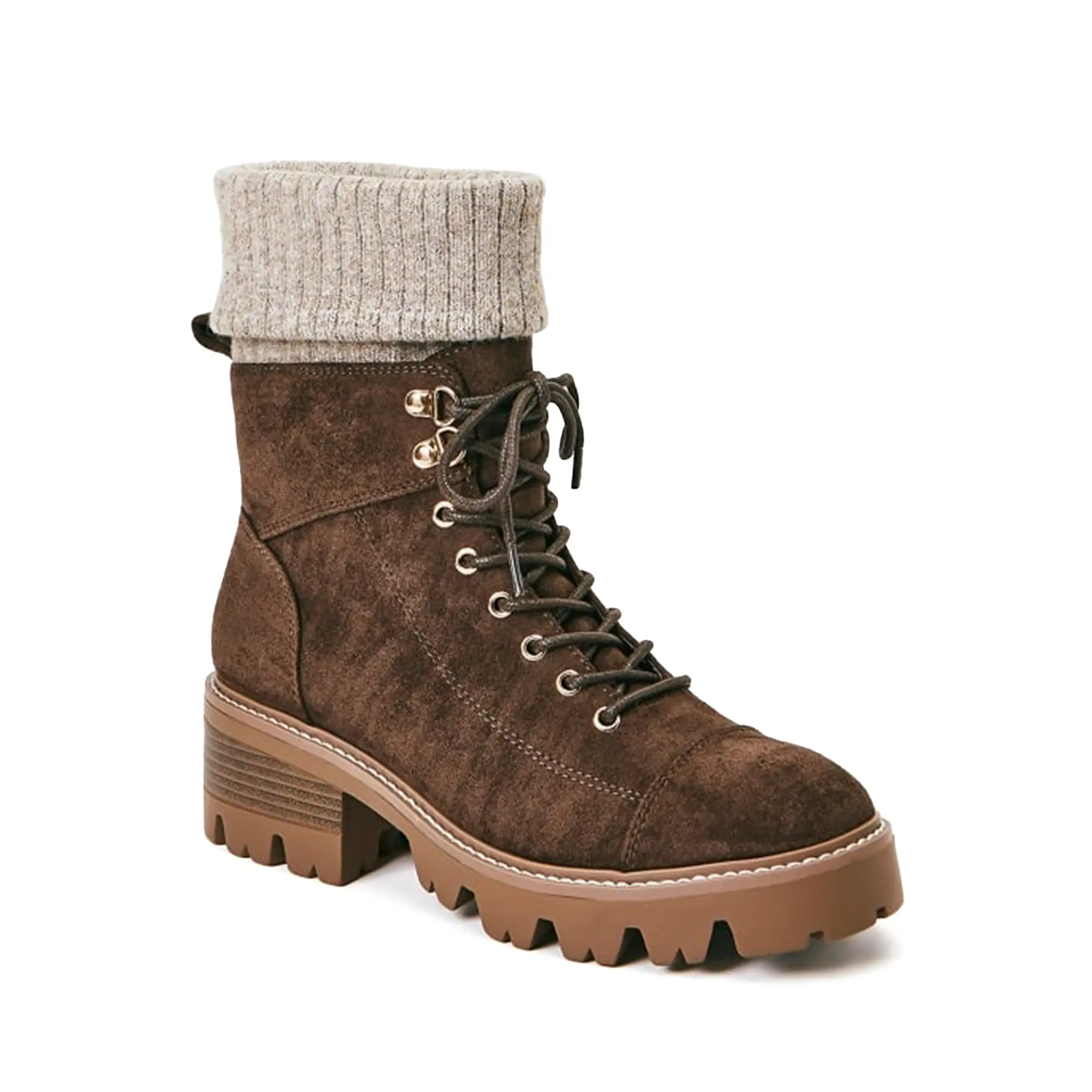 JUST FAB Women's Madrid Round Toe Lace-Up Western Boots - Suede, Knit Cuff, Block Heel, Warm Comfortable Winter Casual Outdoor Fashion Boots