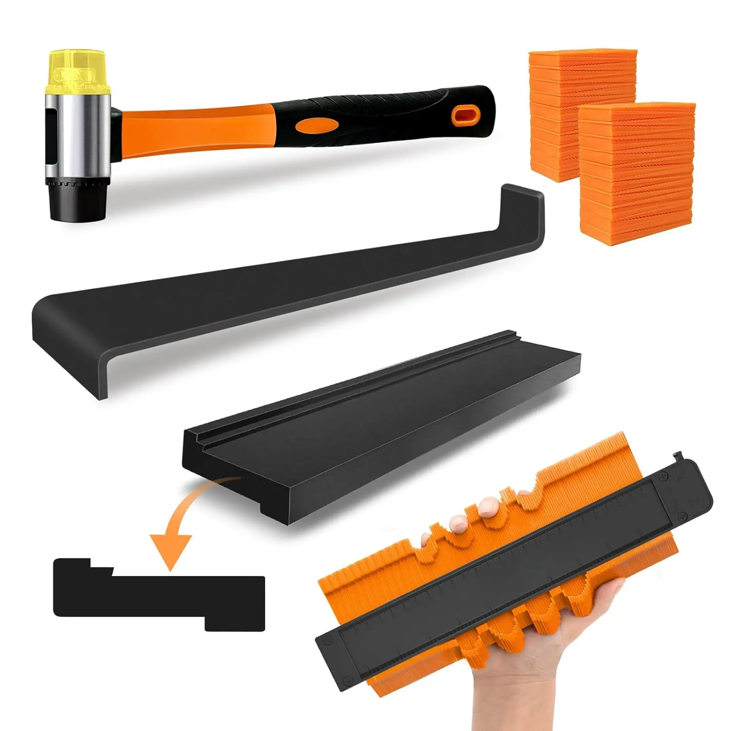 Laminate/Vinyl Flooring Tools, Tapping Block for Vinyl Plank Flooring-Double Sided with Notches,10In Contour Gauge, Pull Bar, 40Pcs Floor Spacers,Rubber Mallet. Universal Floor Installation kit