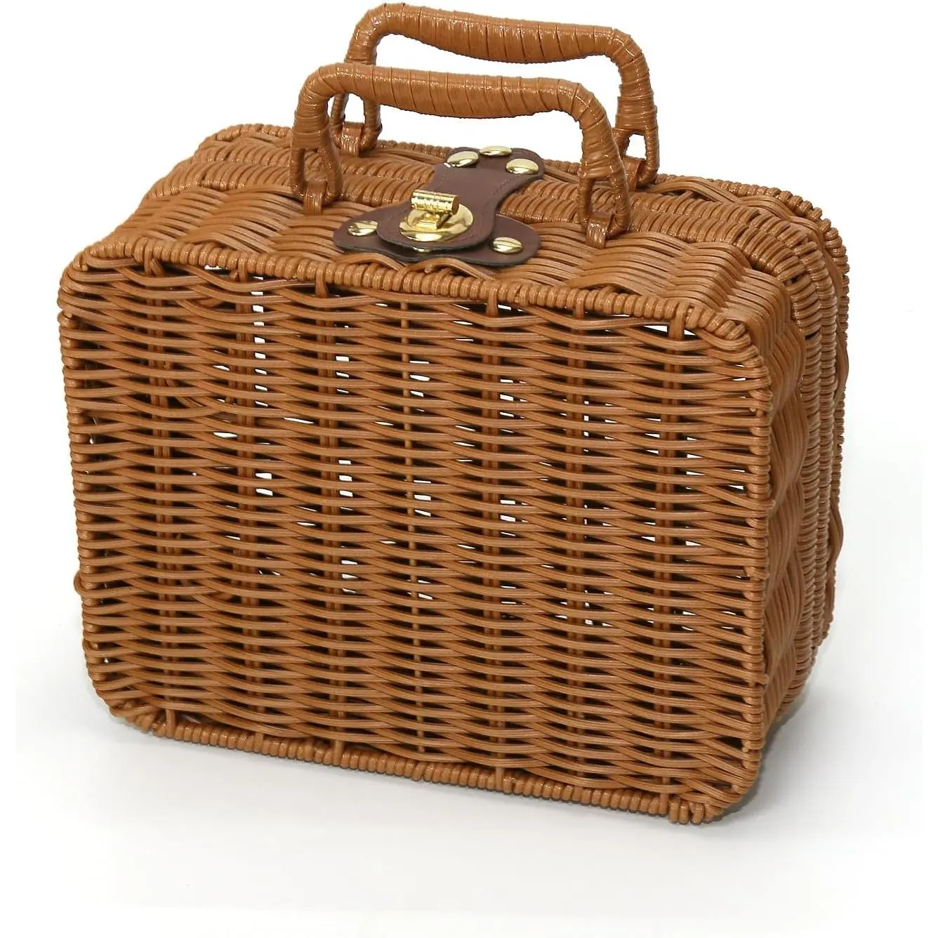 Mini Wicker Picnic Basket, Decorative Prop Suitcase Vintage Storage Hamper Makeup Organizer, Metal Lock Plastic Rattan Storage Box with Handles for Sundries Travel Camping and Outdoor Party