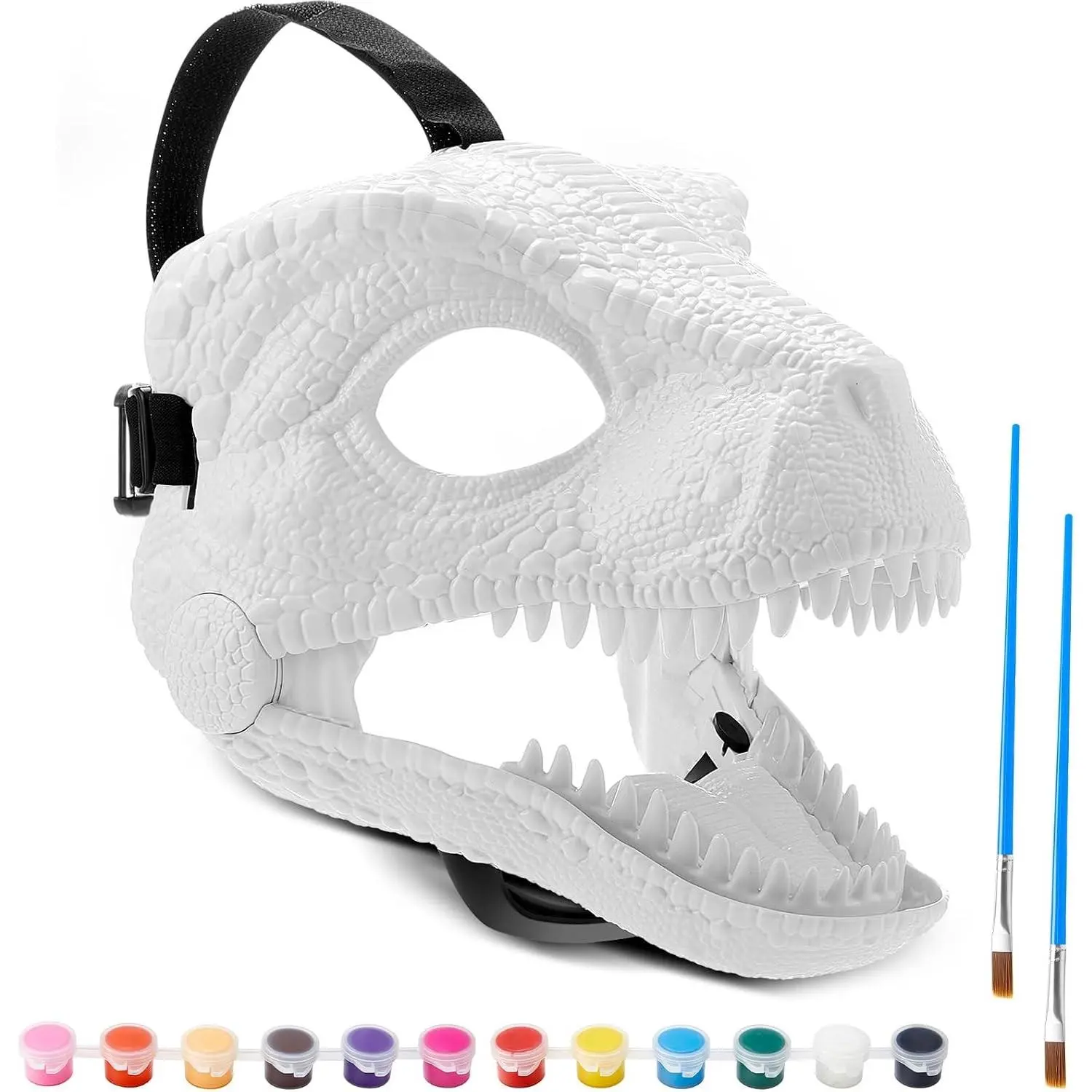 DIY White Hard Plastic Moving Jaw Dino Mask Kit with Paint, Dinosaur T-rex Jurassic Mask for Kids