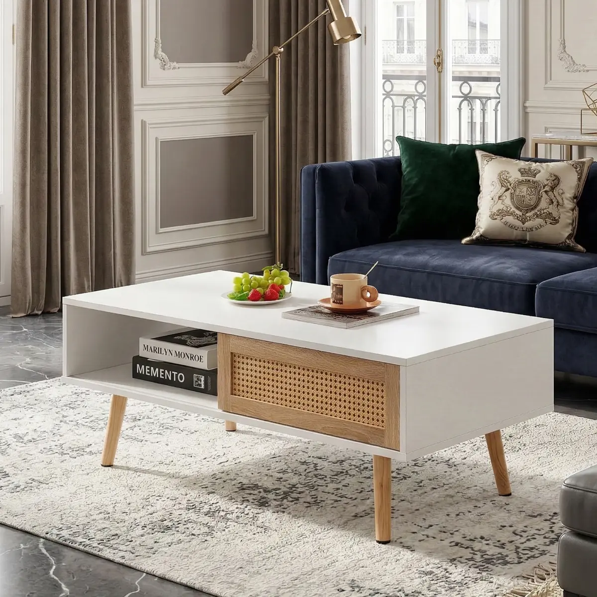 Modern White Rattan Weave Coffee Table - 41.34"l x 21.65"w x 16.34"h, Rectangle Bodytype, Solid Wood Legs, Sliding Door Hidden Storage, Coastal Farmhouse Vibes, 220 lbs Capacity, Minimalist Designer Boho Aesthetic Living Room Space-Saving Organizer