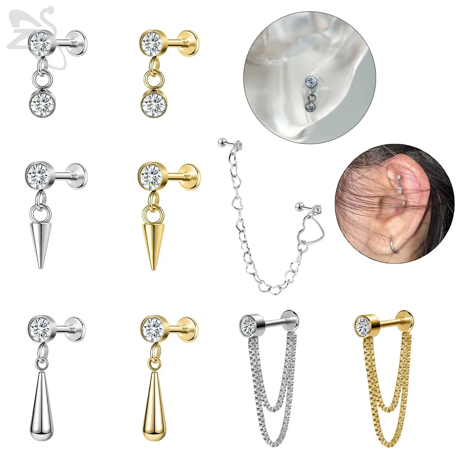 ZS 1 Piece 16G Stainless Steel Stud Earring Zircon Drop Earrings Tassel Pendant Ear Helix Conch Cartilage Piercing Jewelry 6/8MM