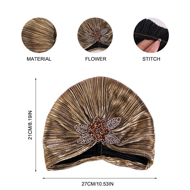 Clover Rhinestone Gold Foil Pleated Turban, Ethnic Print Head Wrap Cap