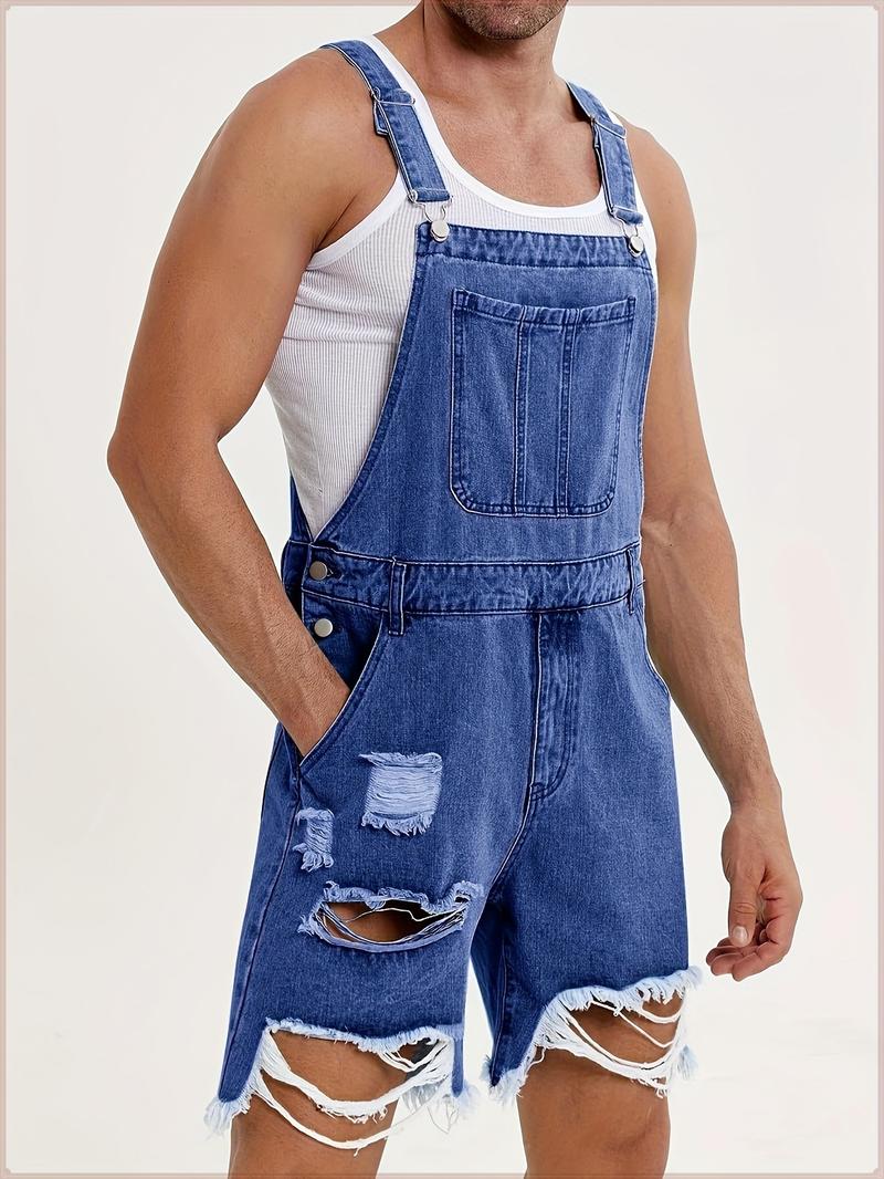 Runcati Men's denim shorts bib overall jean romper, offering a casual loose fit with buttoned pockets, perfect for summer wear as a comfortable and stylish jumpsuit.