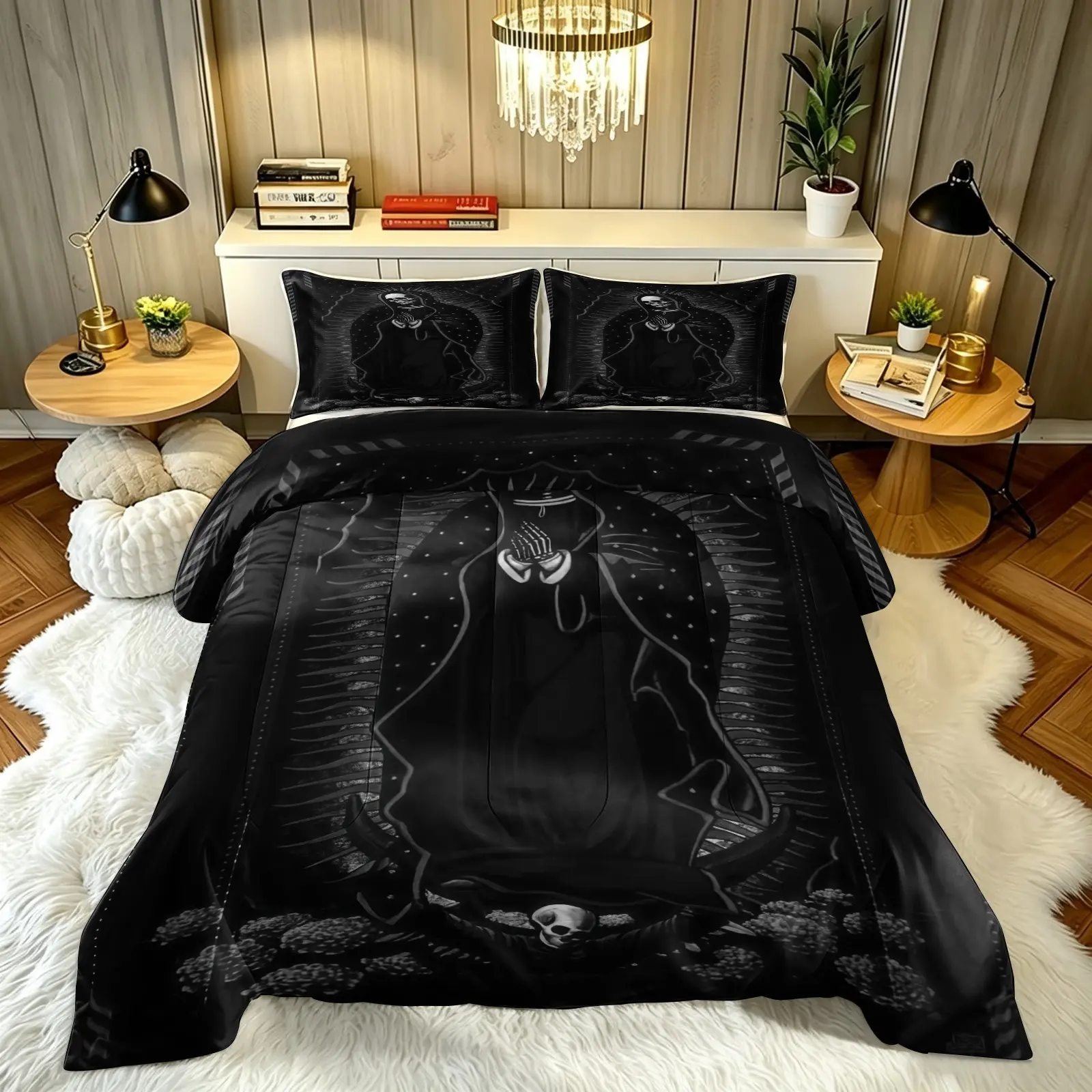 Dark skull print pattern set, including 1 blanket and 1 or 2 pillowcases without pillowcases, soft children's and adult bedroom decoration gifts, Printed bedding set