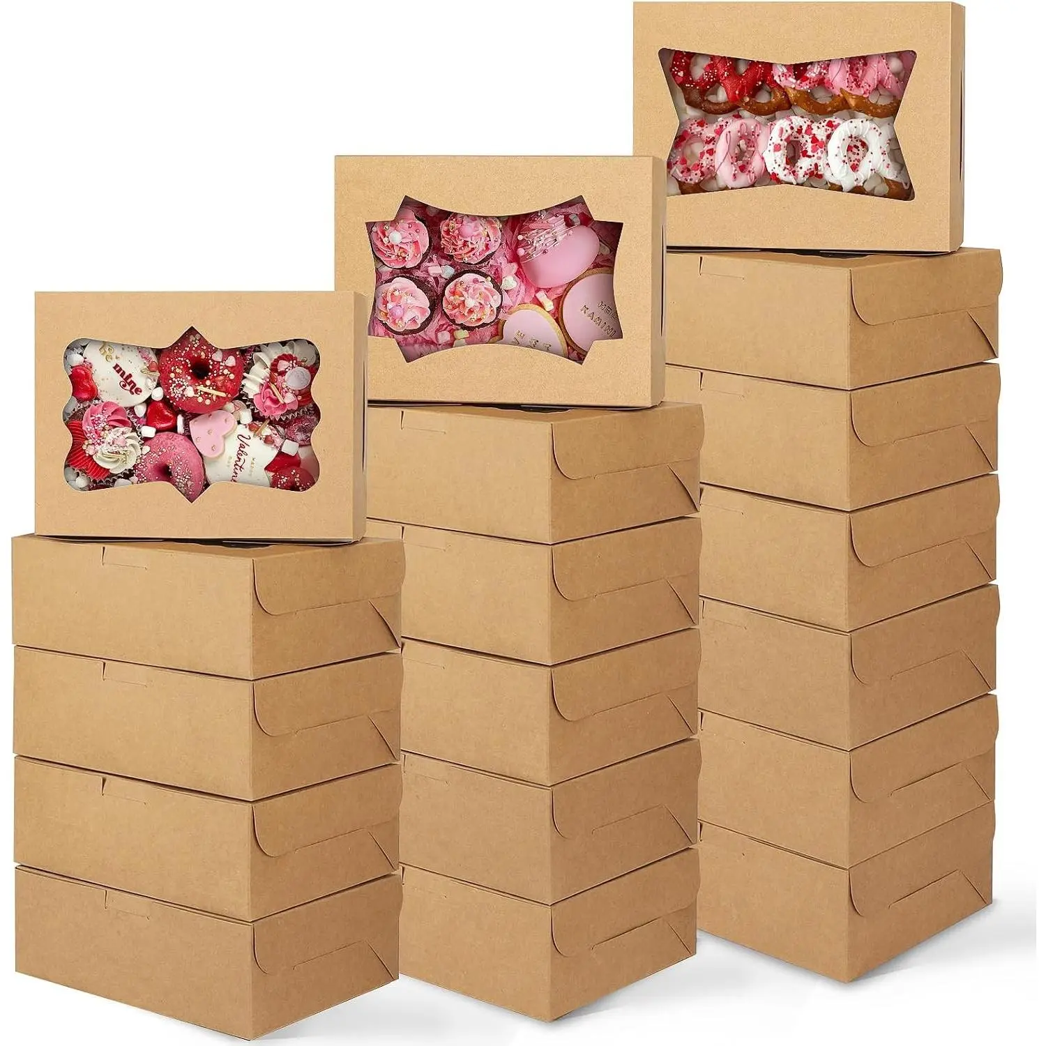 24pcs 8x6x2.5 Inches Cookie Boxes, Bakery Boxes with 3 Style Window, Treat Boxes, Pastry Pie Boxes for Chocolate Strawberries, Donuts, Cupcakes, Muffins and Dessert