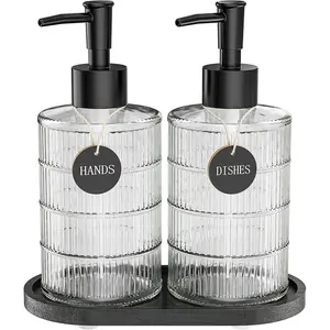 Soap Dispenser Set with Bamboo Tray, Dish and Hand Soap Lotion Dispenser with Wooden Pump for Kitchen and Bathroom Counter Decor, Modern Vintage Liquid Soap Dispensers (Clear&Black)