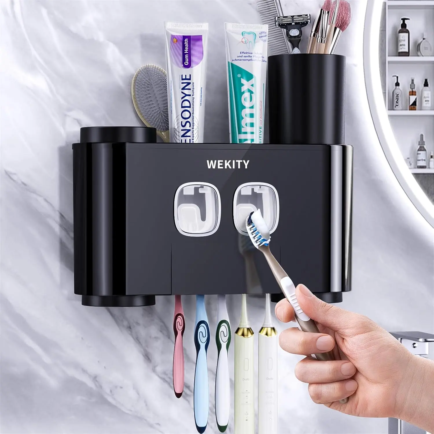 Toothbrush Holder,Multi-Functional Wall Mounted Toothbrush Holder,Toothpaste Dispenser for with 2 Toothpaste Squeezers,5 Toothbrush Slots and 4 Cups(Black)